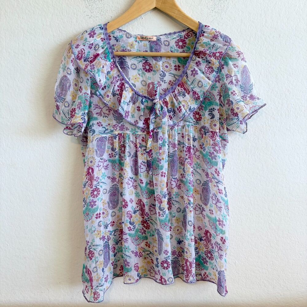 TWENTY ONE Vtg Y2K Ruffle Paisley Floral Purple Sheer Boho Blouse Top Womens S-M